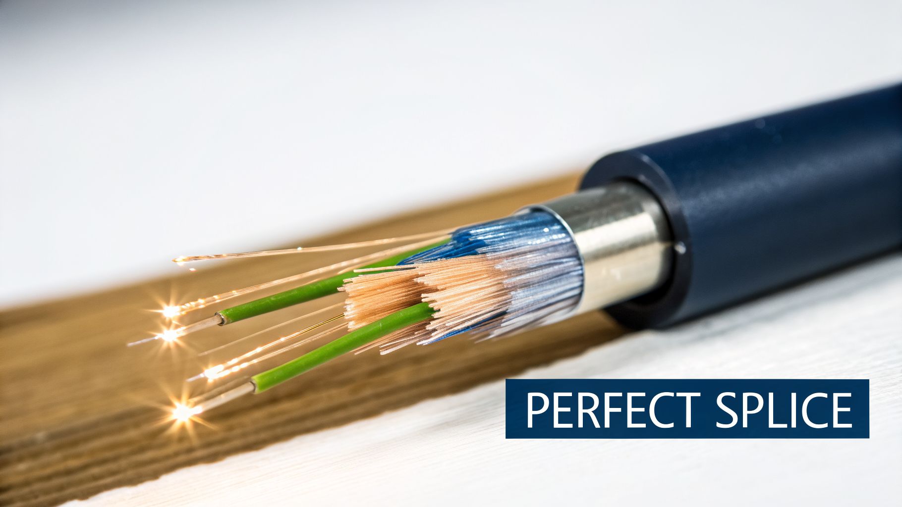 Close-up of a stripped fiber optic cable with individual glowing strands, illustrating a perfect splice.