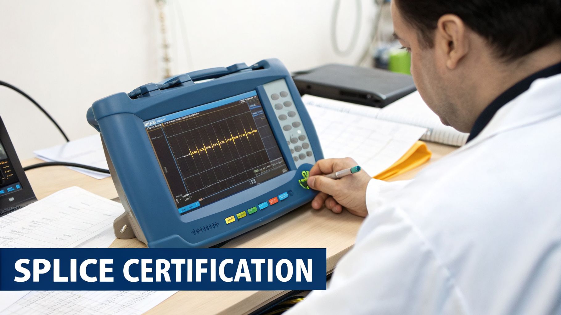 Man in a lab coat performing fiber optic splice certification on a specialized testing device.