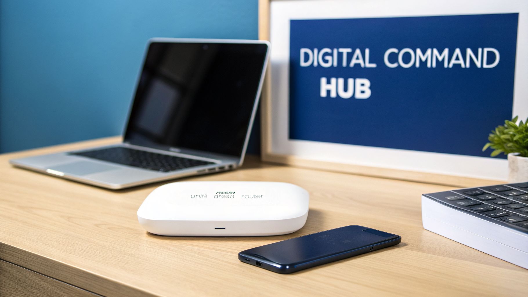 A Ubiquiti UniFi Dream Router, smartphone, and laptop on a wooden desk with a 'Digital Command Hub' sign.