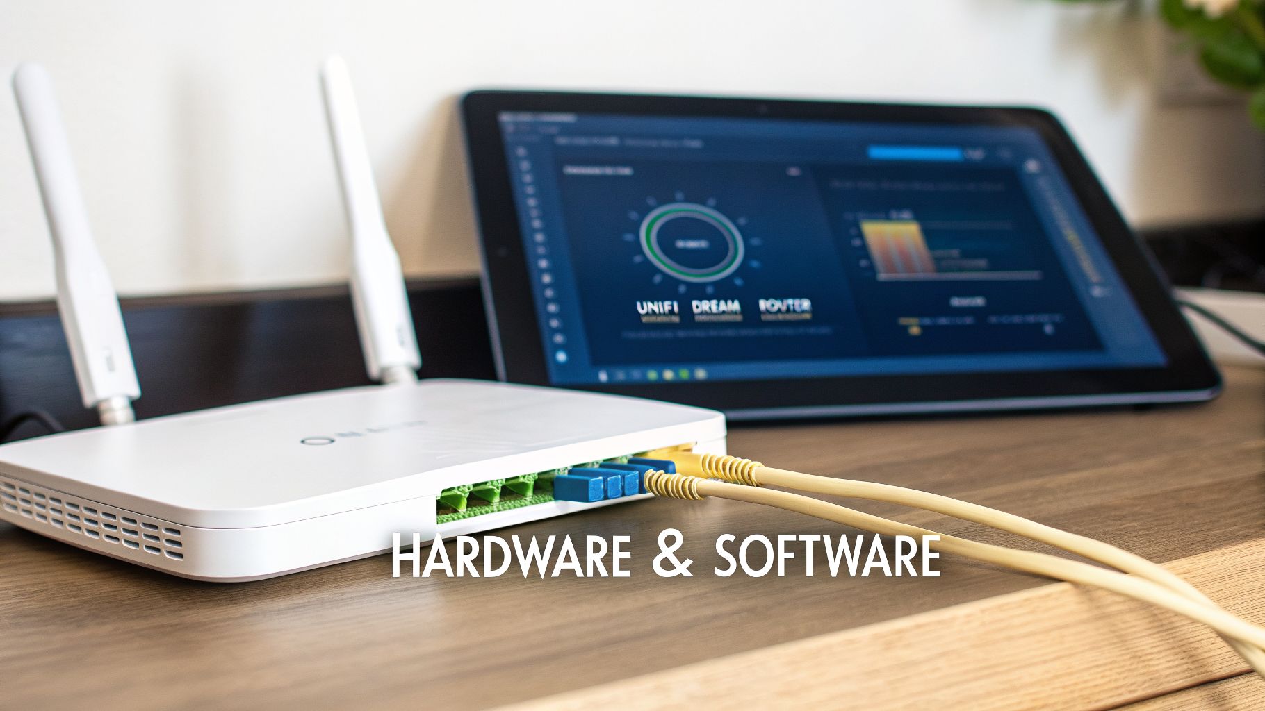 A white UniFi Dream Router with Ethernet cables, and a tablet displaying its software interface.