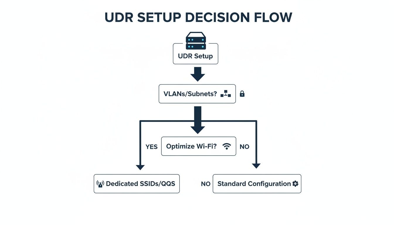 Decision flow diagram for Unifi Dream Router setup, outlining steps for VLANs, subnets, and Wi-Fi optimization.