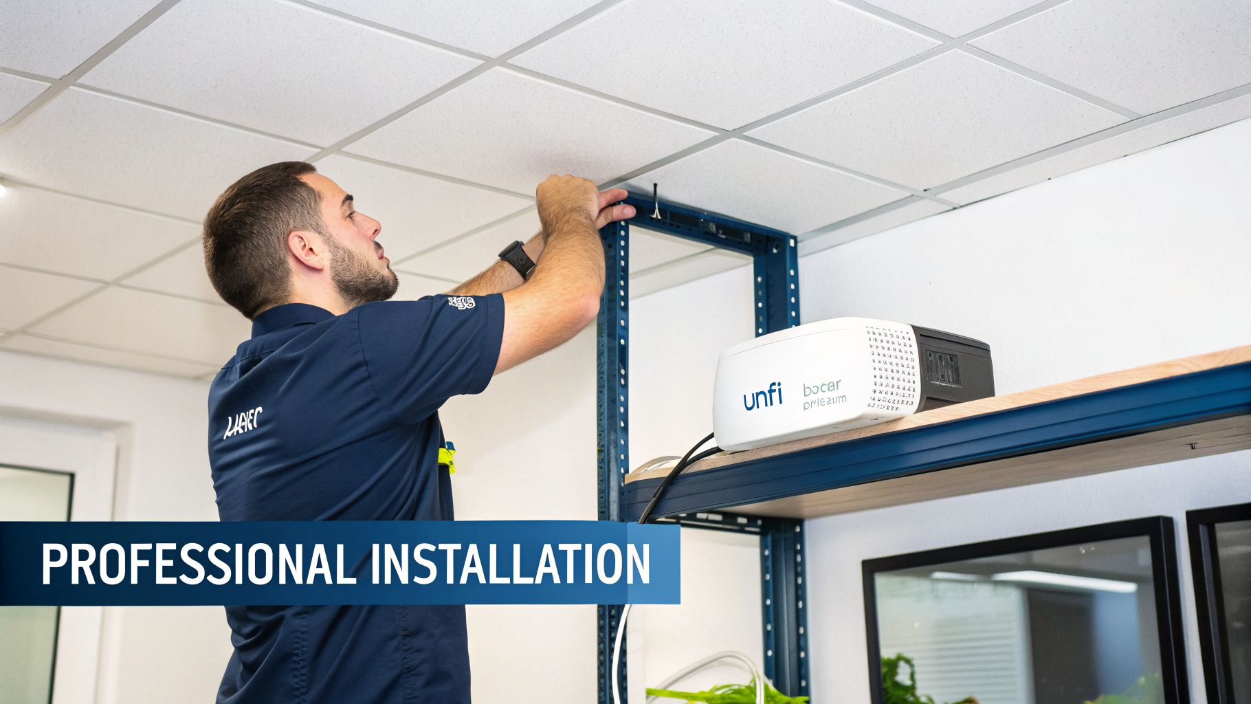 Man professionally installing network equipment on a ceiling, with a Unifi Dream Router on a shelf.