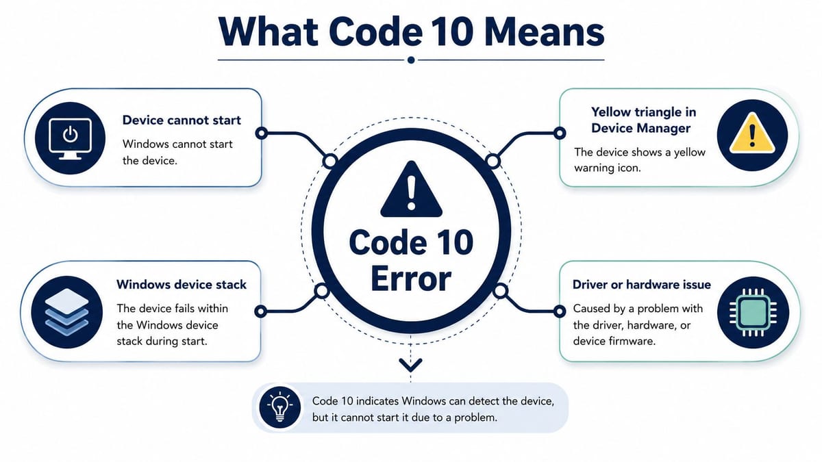 A diagram explaining that a Code 10 error means Windows detected hardware but cannot start the device.