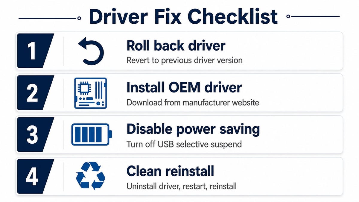 A four-step checklist for troubleshooting and fixing computer driver issues, titled Driver Fix Checklist.