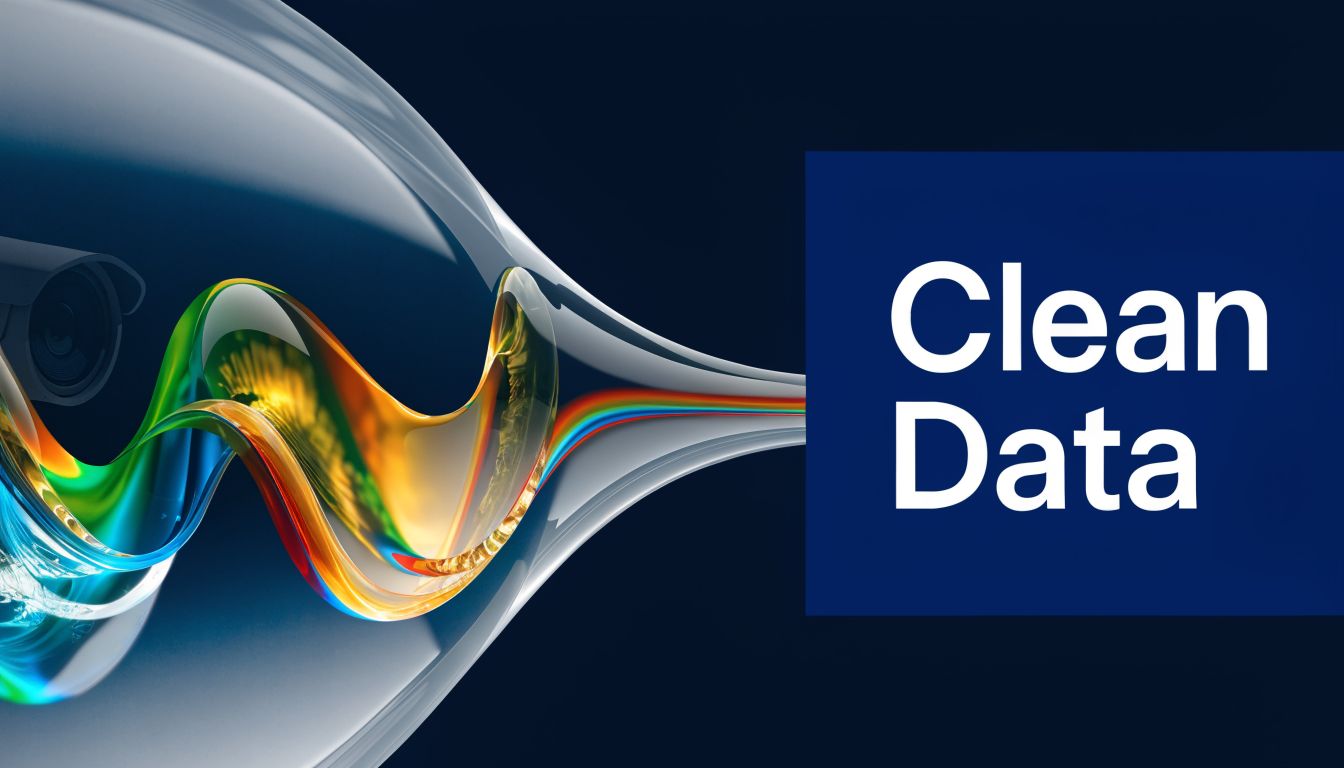 A conceptual illustration showing a colorful, swirling data stream flowing into a funnel labeled Clean Data.