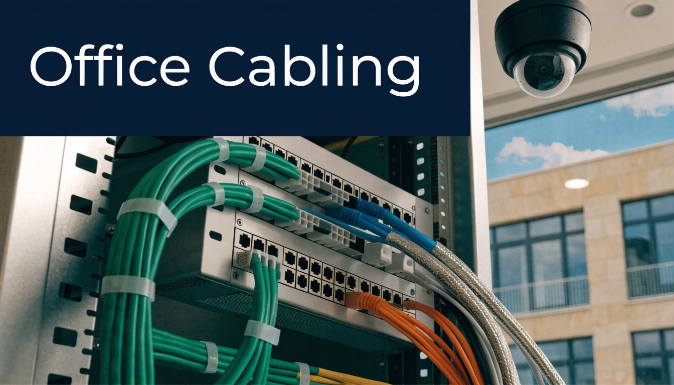 A rack-mounted network switch with organized green, blue, orange, and yellow ethernet cables in an office.