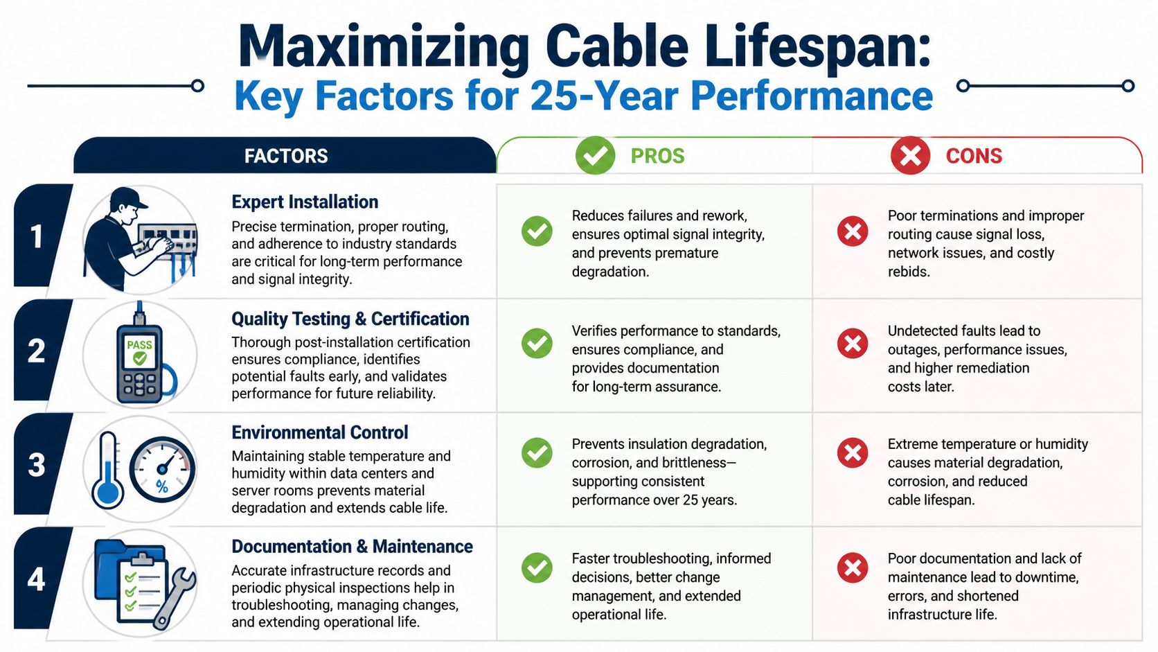 An infographic detailing four essential factors for maximizing the 25-year lifespan of twisted pair UTP cable installations.
