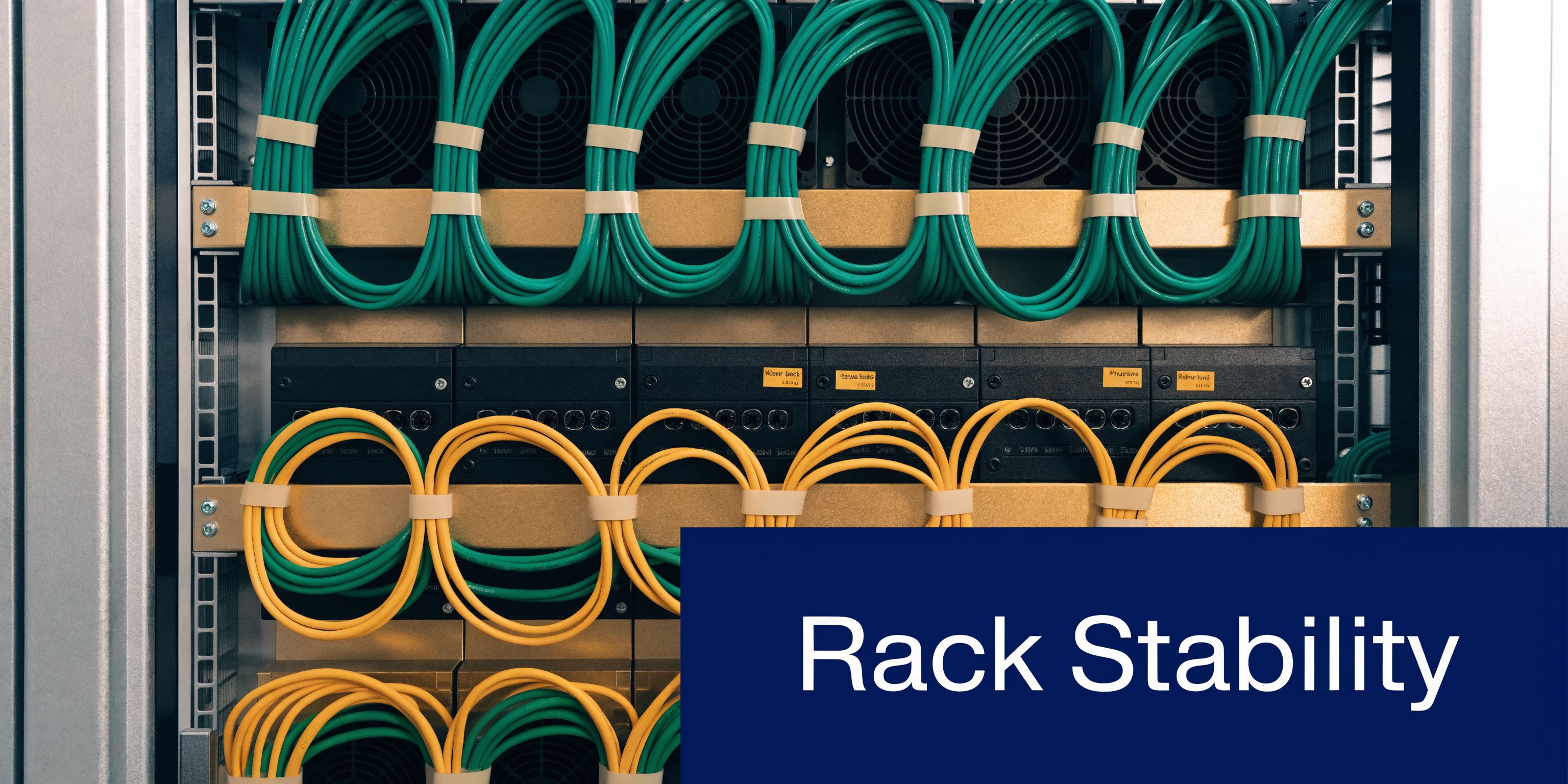 A close-up view of a server rack with neatly organized green and yellow network ethernet cables.