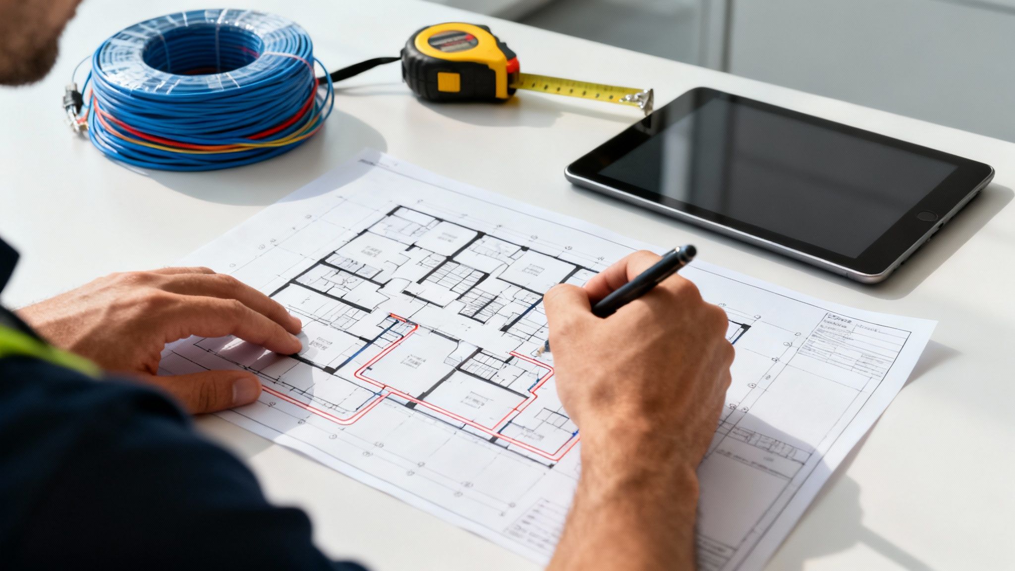 Engineer's hands drawing on architectural blueprints with a pen, surrounded by tools and wires.