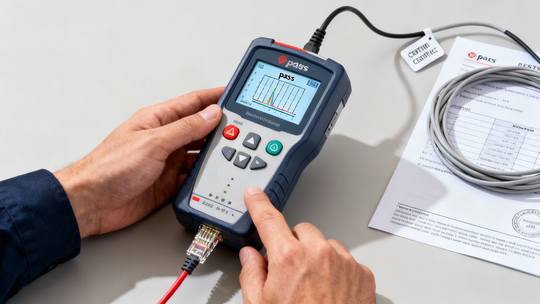 A person's hands operate a network cable tester showing a 'pass' result on its screen.