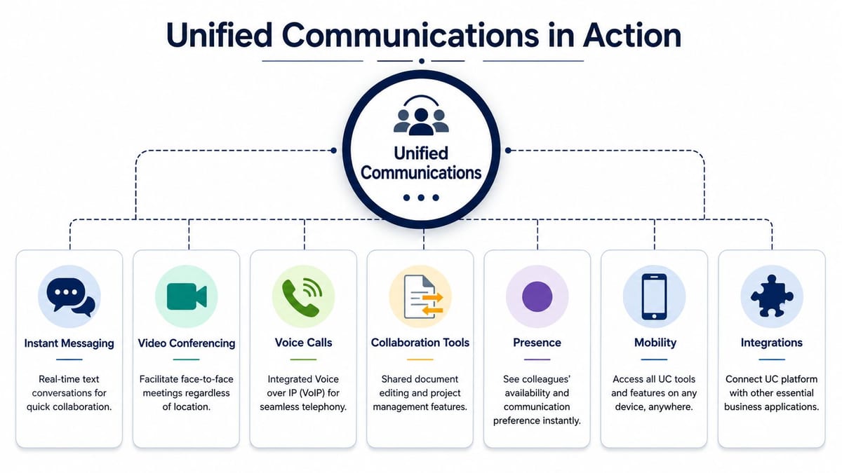 A diagram illustrating the key components of Unified Communications, including messaging, video, voice, and collaboration tools.