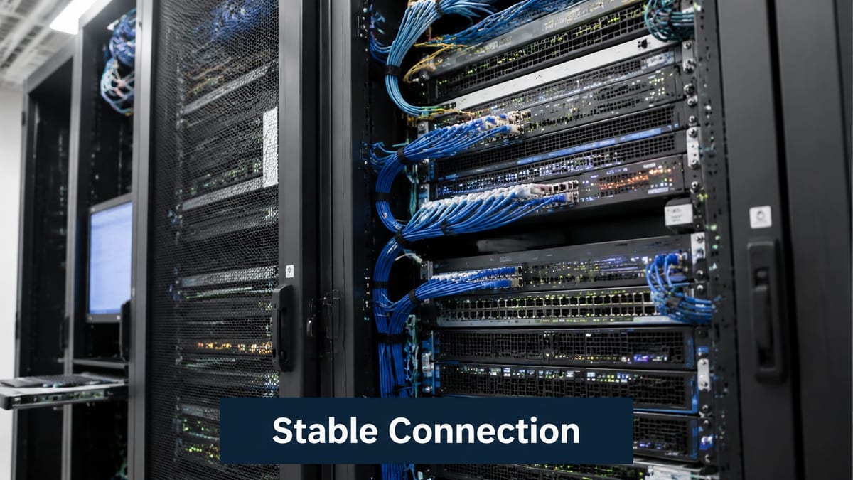 A close-up view of a high-performance network server rack with organized blue ethernet cables.