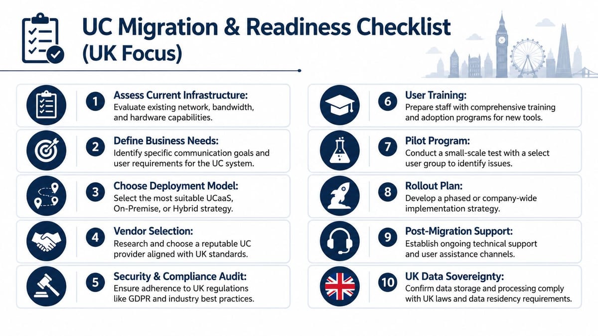 A ten-step checklist for UC migration and readiness with a focus on UK compliance and infrastructure.