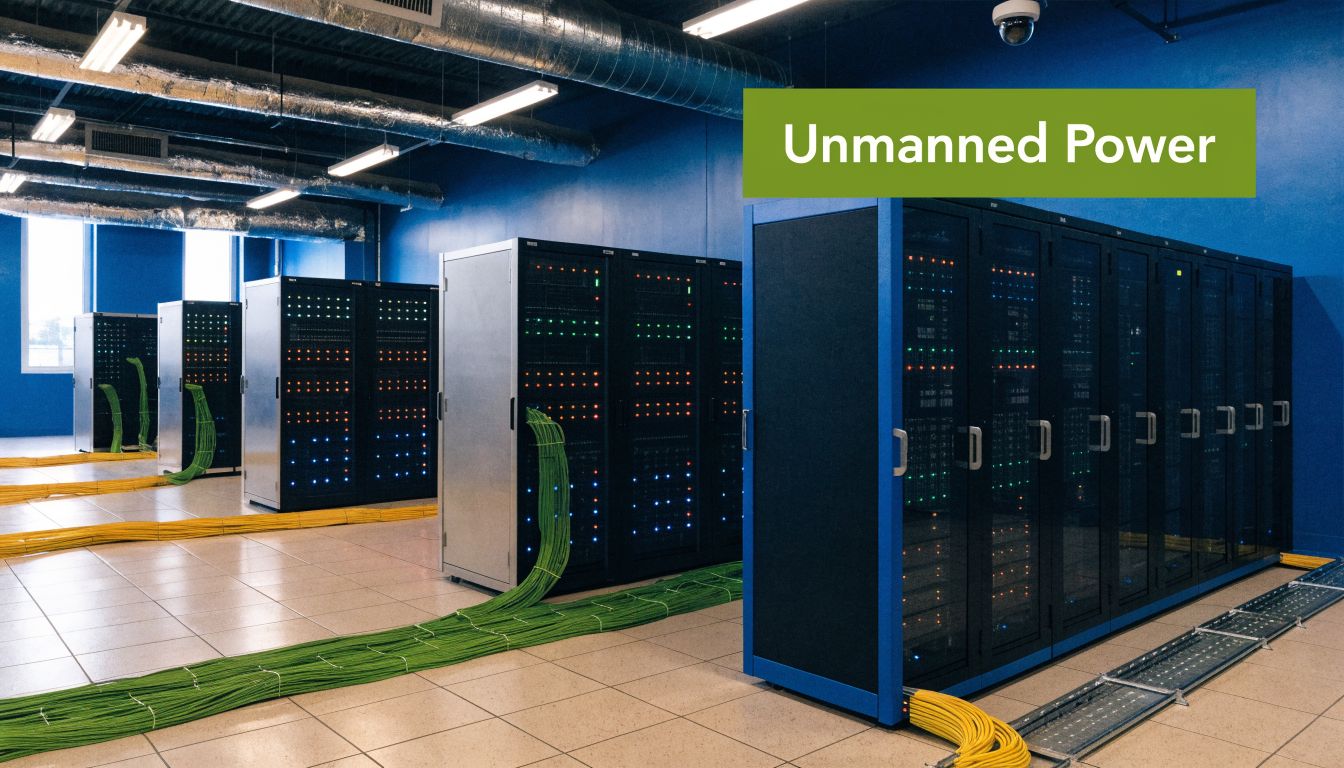 A modern data center featuring rows of server racks with illuminated status lights and green networking cables.