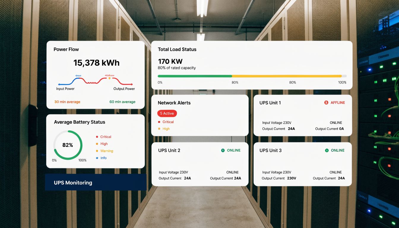A digital dashboard showing real-time metrics for data center power consumption, UPS status, and network alerts.