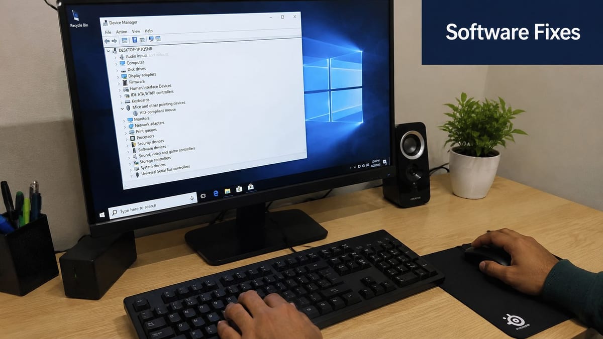 A person using a computer keyboard and mouse with the Windows Device Manager window open.