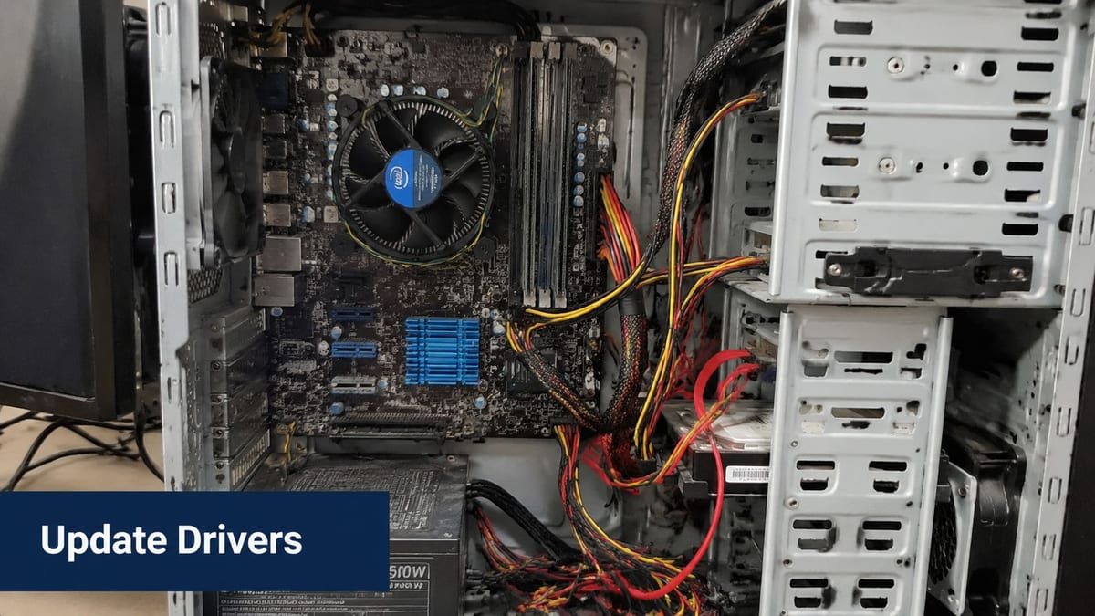 The interior of a computer desktop case showing a motherboard with CPU fan and various wiring.