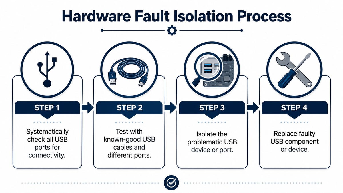 A four-step infographic illustrating the process for troubleshooting and isolating hardware faults in USB devices and ports.