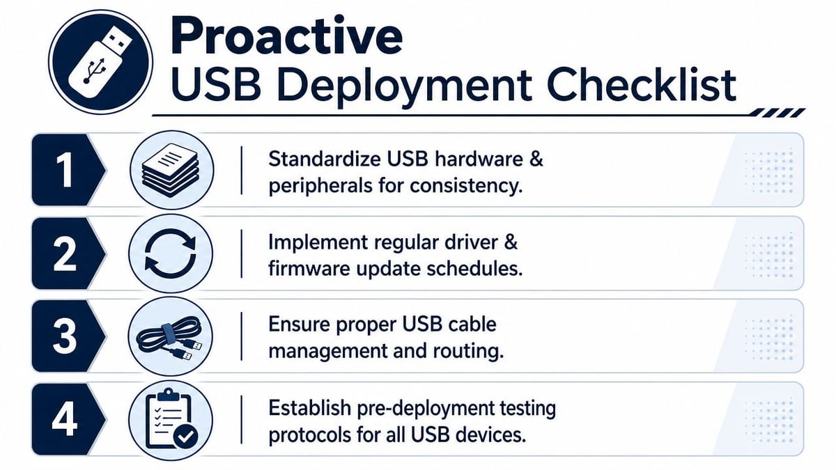 An infographic detailing a four-point proactive USB deployment checklist for hardware and peripheral device management.