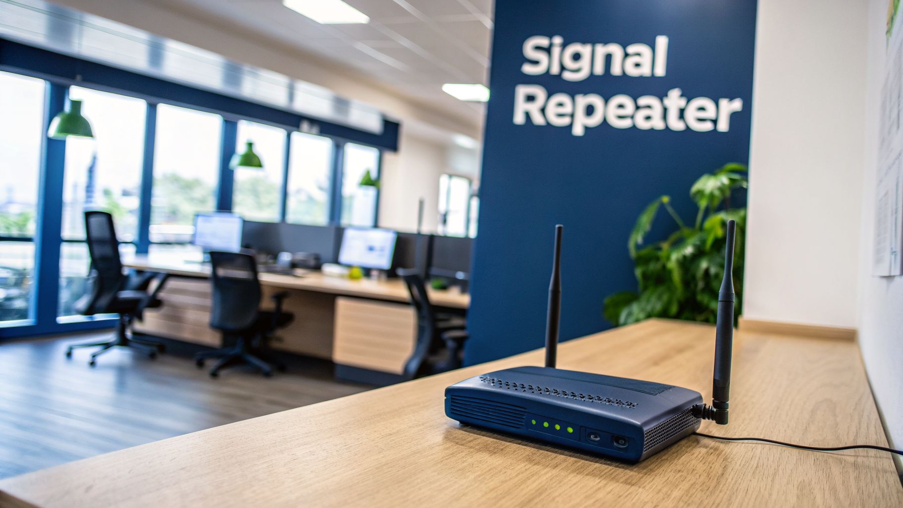 A blue wireless N WiFi signal repeater with antennas on a wooden desk in a modern office.