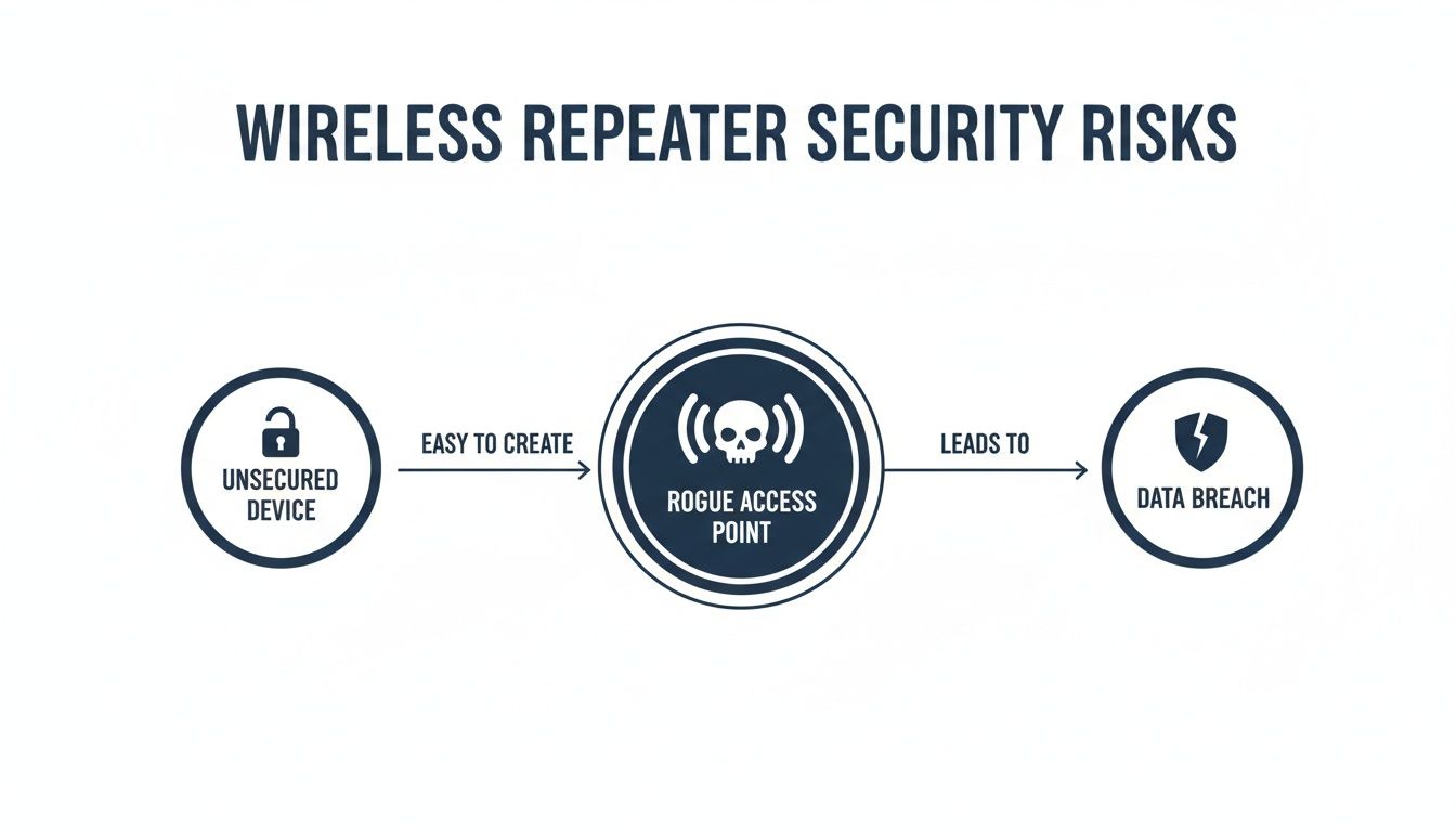 Diagram showing an unsecured device creating a rogue access point, leading to a data breach.