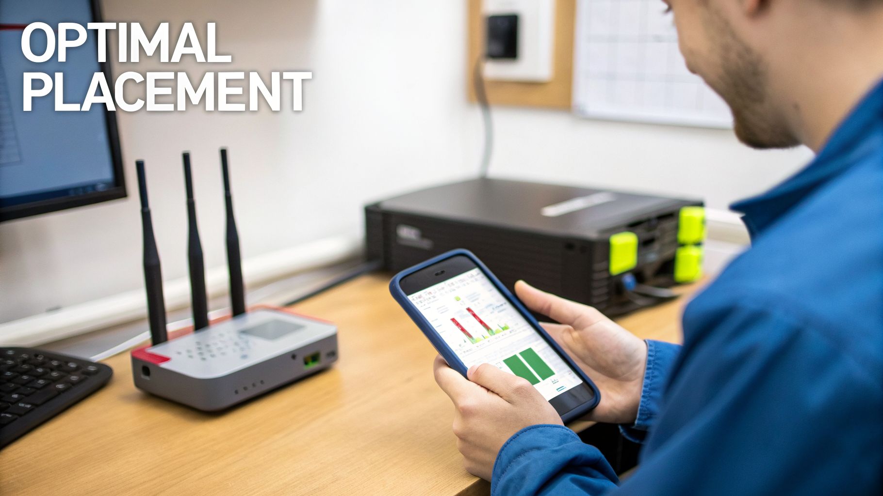 Man optimizing wireless network signal using a smartphone app near a wifi repeater.