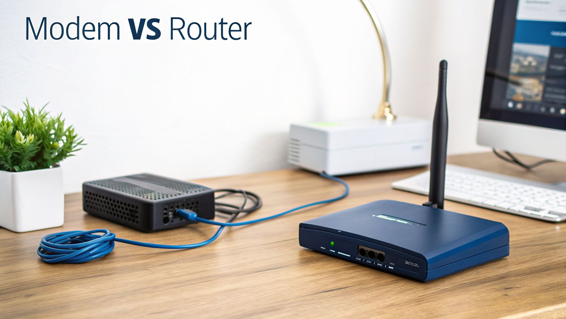 A black modem and a blue router connected on a wooden desk, illustrating internet equipment setup.