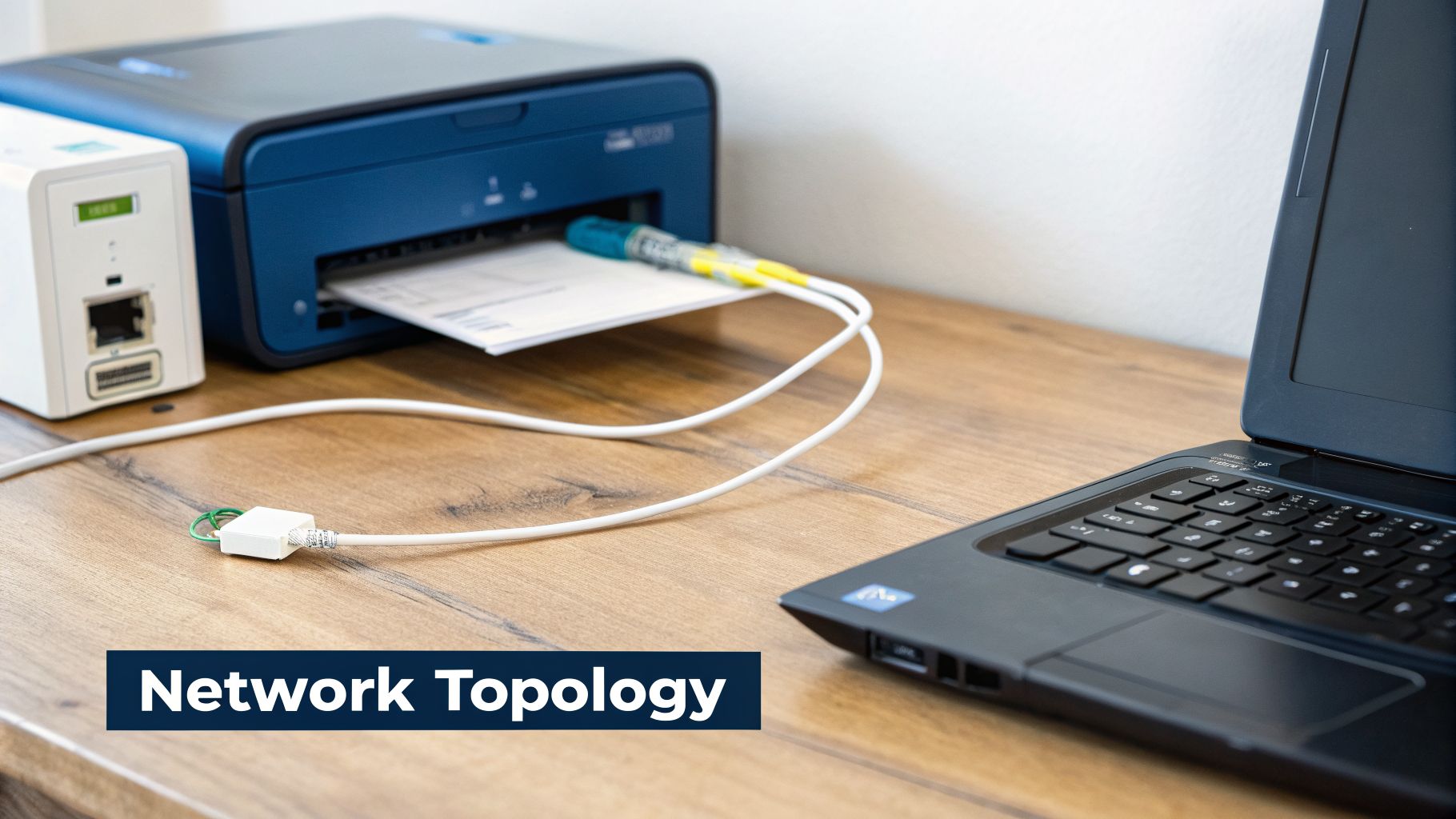 A close-up view of network devices, including a printer, a modem/router, and a laptop on a wooden desk.