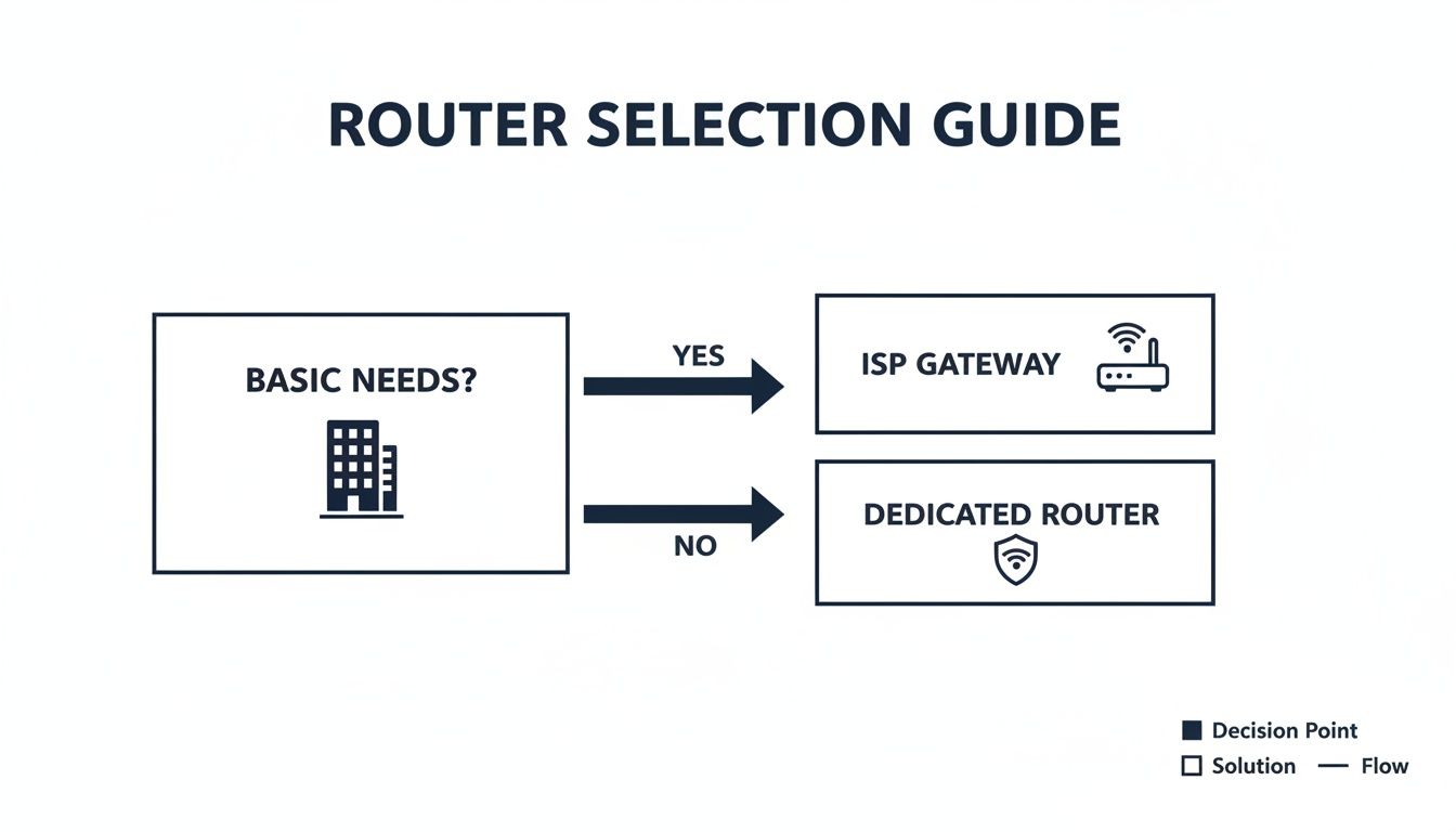A flowchart titled 'Router Selection Guide' helps decide between an ISP Gateway or a Dedicated Router.