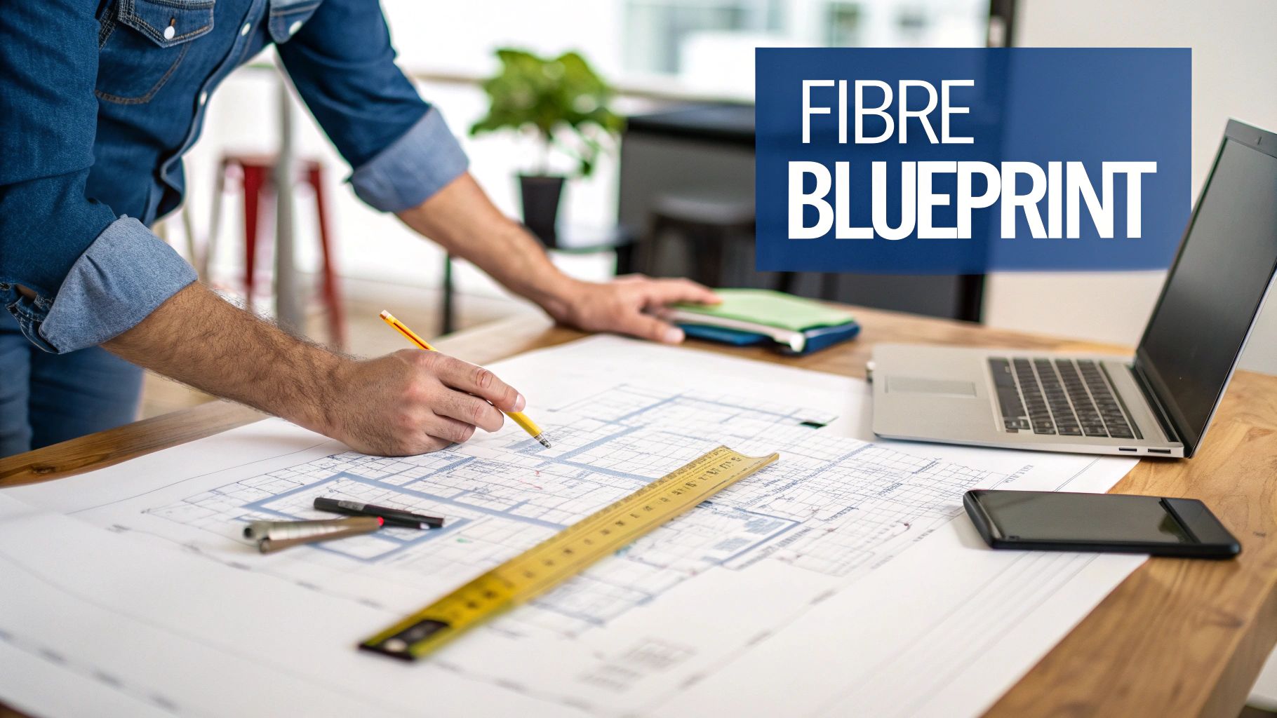 A person works on architectural blueprints with a pencil, laptop, and ruler, featuring 'FIBRE BLUEPRINT' text.
