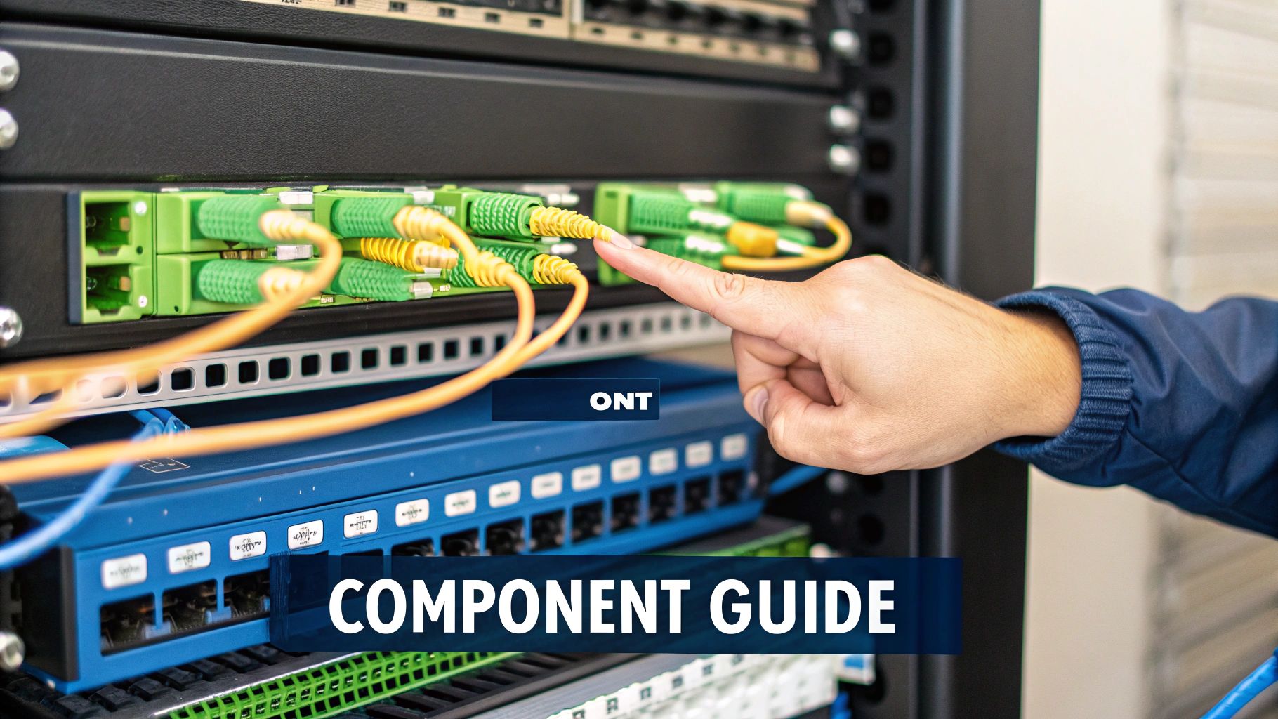 A hand points to connected fiber optic cables and green modules in a network server rack.
