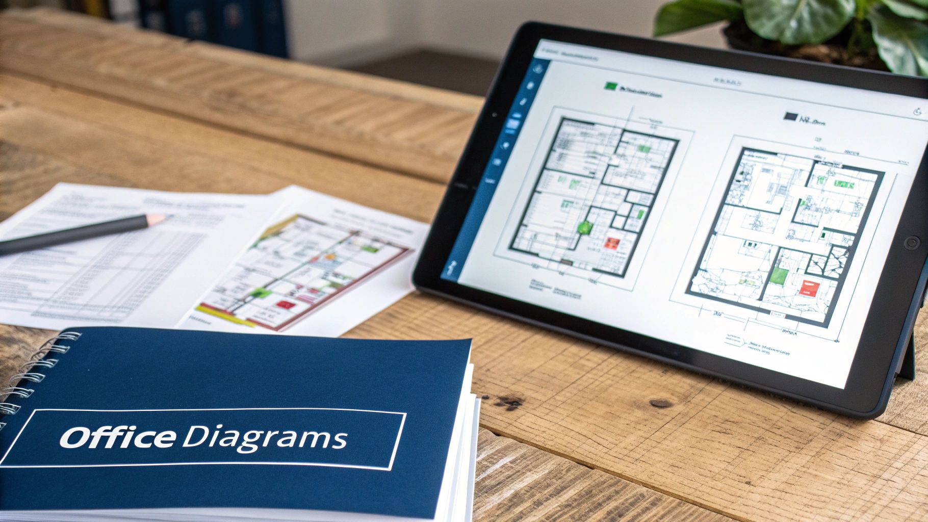 A wooden desk workspace featuring an 'Office Diagrams' notebook, documents, and a tablet showing floor plans.