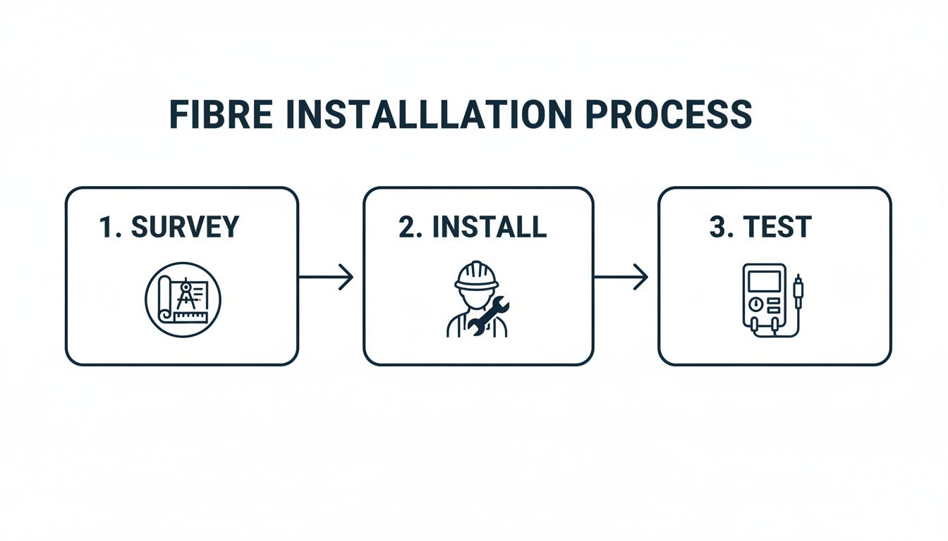 Diagram illustrating the three steps of fibre installation: 1. Survey with blueprint icon, 2. Install with worker icon, 3. Test with multimeter icon.