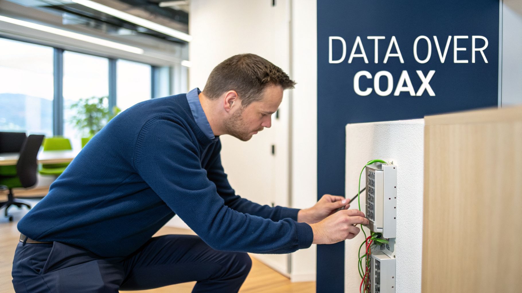 Man in blue sweater connecting cables to network devices on a white wall, with a "DATA OVER COAX" sign.
