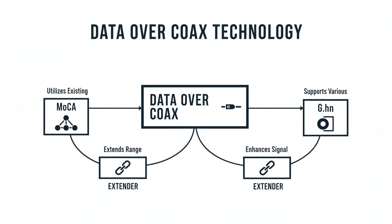 Flowchart illustrating Data Over Coax technology, showing connections to MoCA, G.hn, and extenders for range and signal.