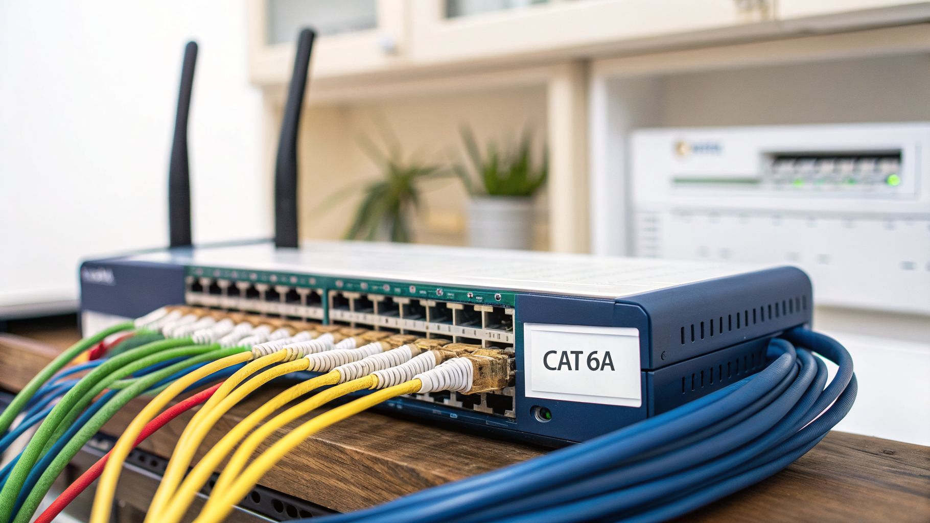 A network switch with colorful ethernet cables plugged into ports, featuring CAT 6A label and two antennas.