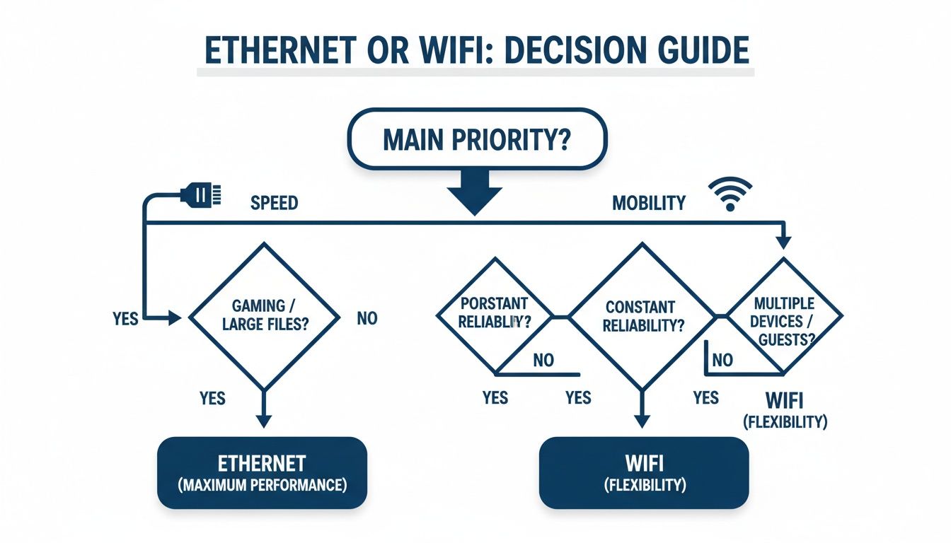 Flowchart decision guide for choosing between Ethernet and WiFi based on priorities like speed and mobility.
