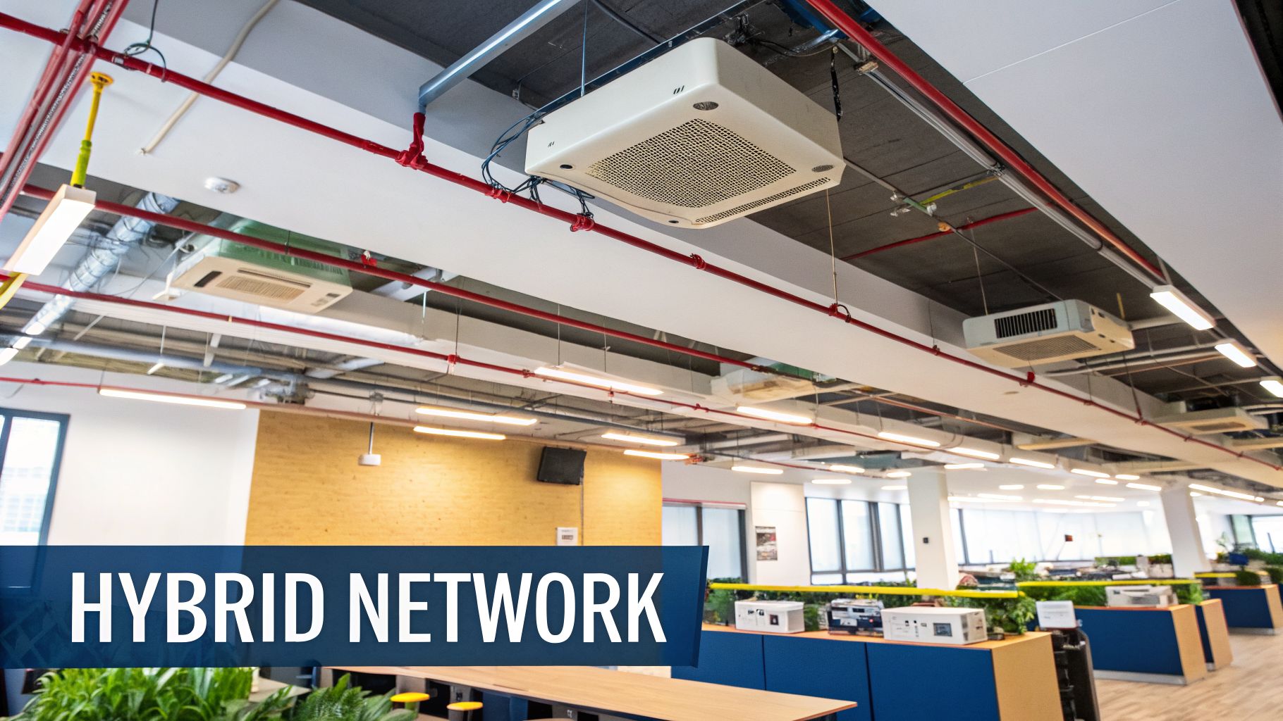 Modern open-plan office interior with exposed industrial ceiling, red pipes, and air conditioning units.