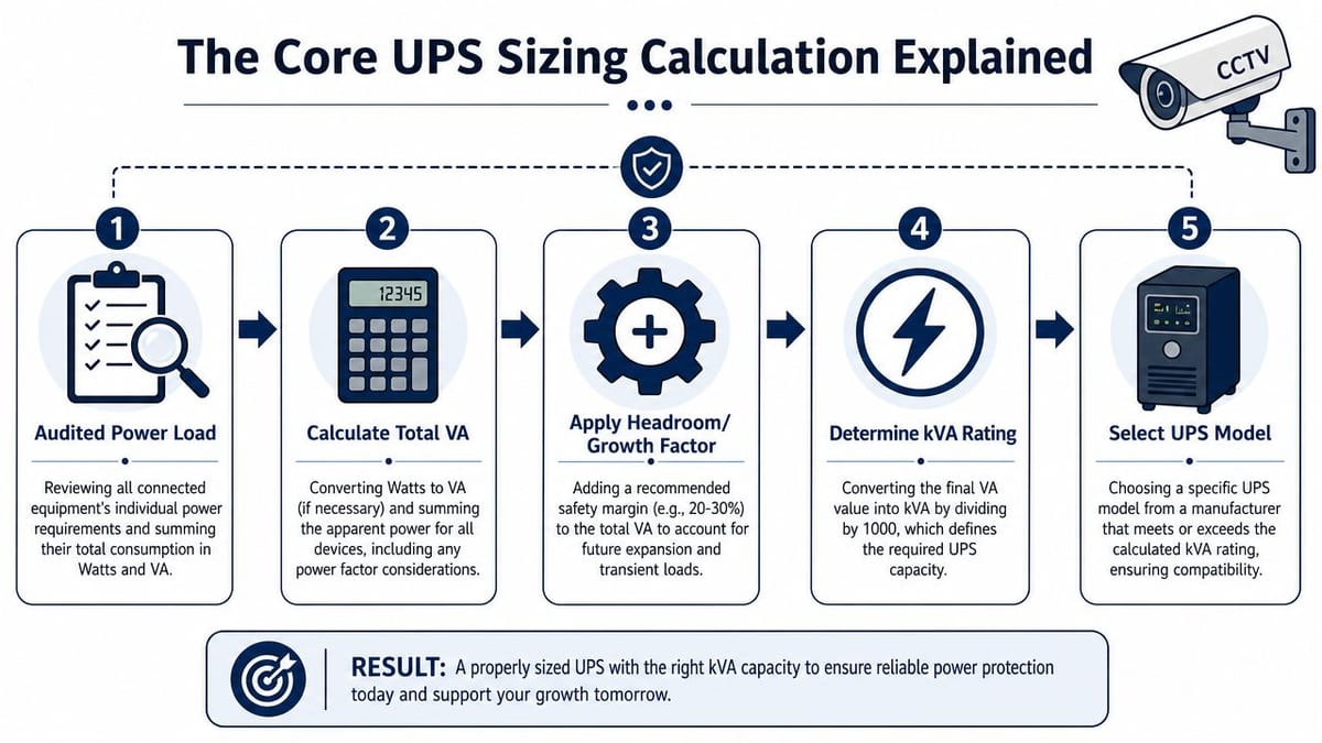 An infographic detailing the five-step process for calculating the correct UPS sizing for equipment power protection.