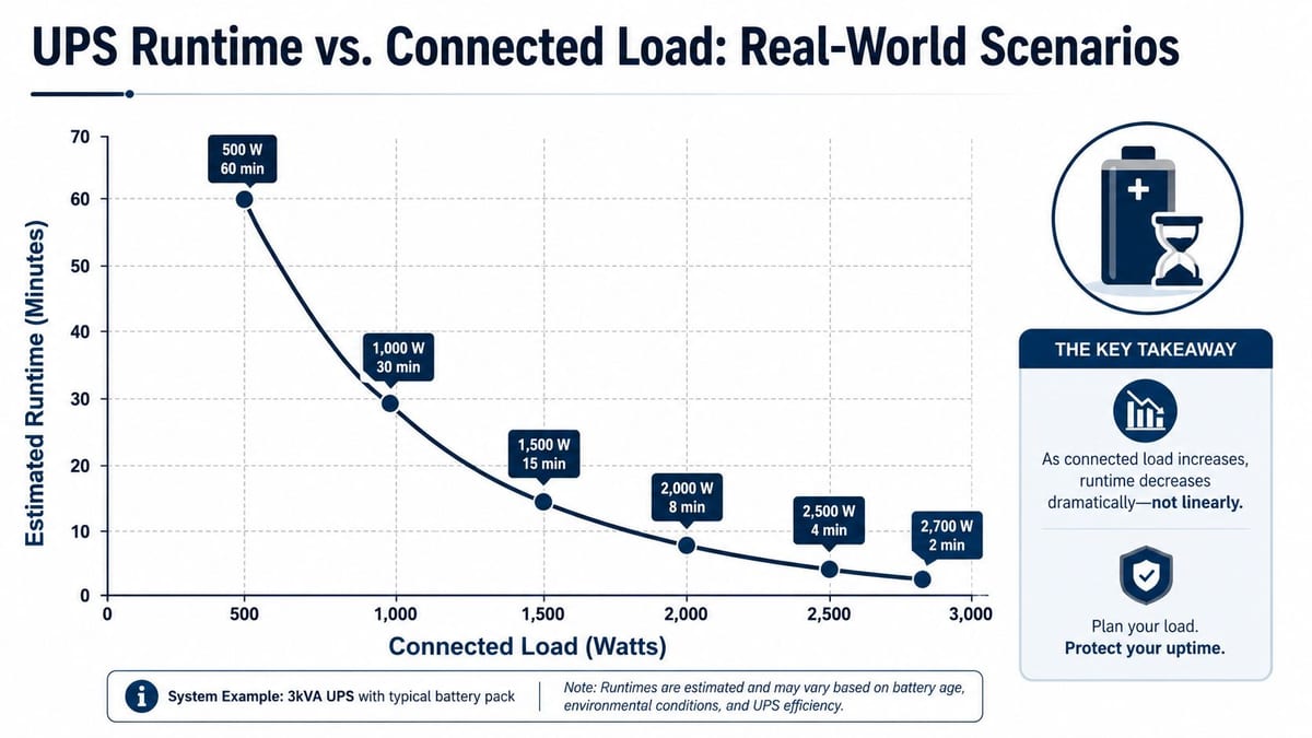 A chart showing how UPS runtime decreases as the connected electrical load in watts increases.