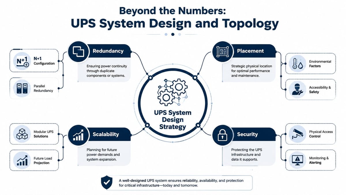 A diagram illustrating the four key pillars of a comprehensive UPS system design strategy for infrastructure.