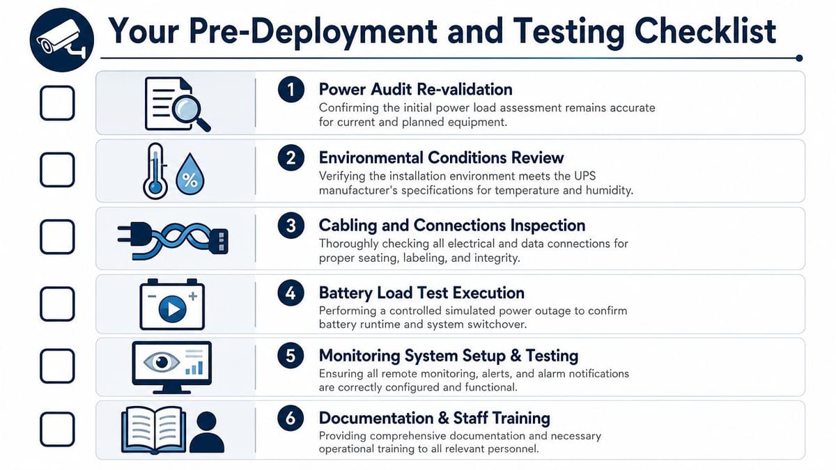 A checklist for UPS pre-deployment and testing featuring six essential steps for infrastructure setup and maintenance.