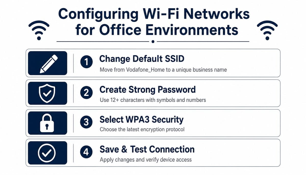 A guide listing four steps for configuring office Wi-Fi networks securely for business environments.