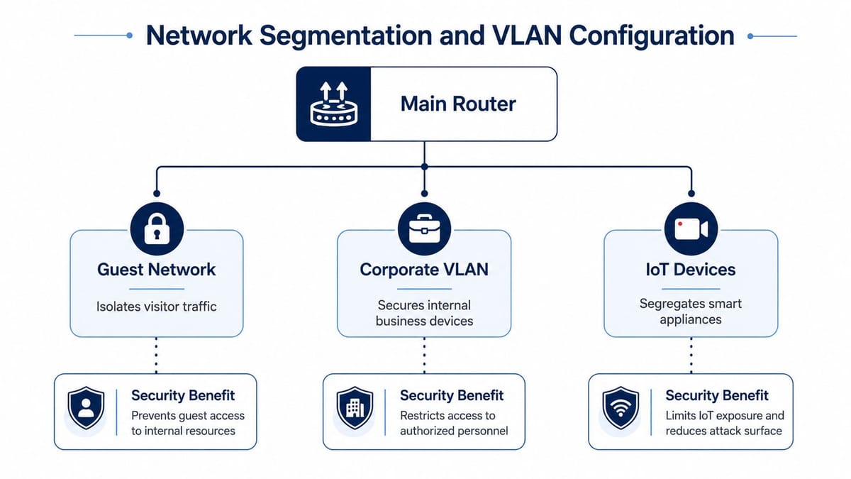 A diagram illustrating network segmentation and VLAN configuration, showing a router connected to Guest, Corporate, and IoT networks.