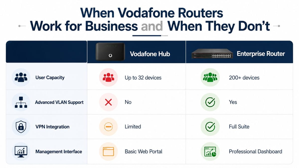 A comparison table between the standard Vodafone Hub router and a professional enterprise router for business use.