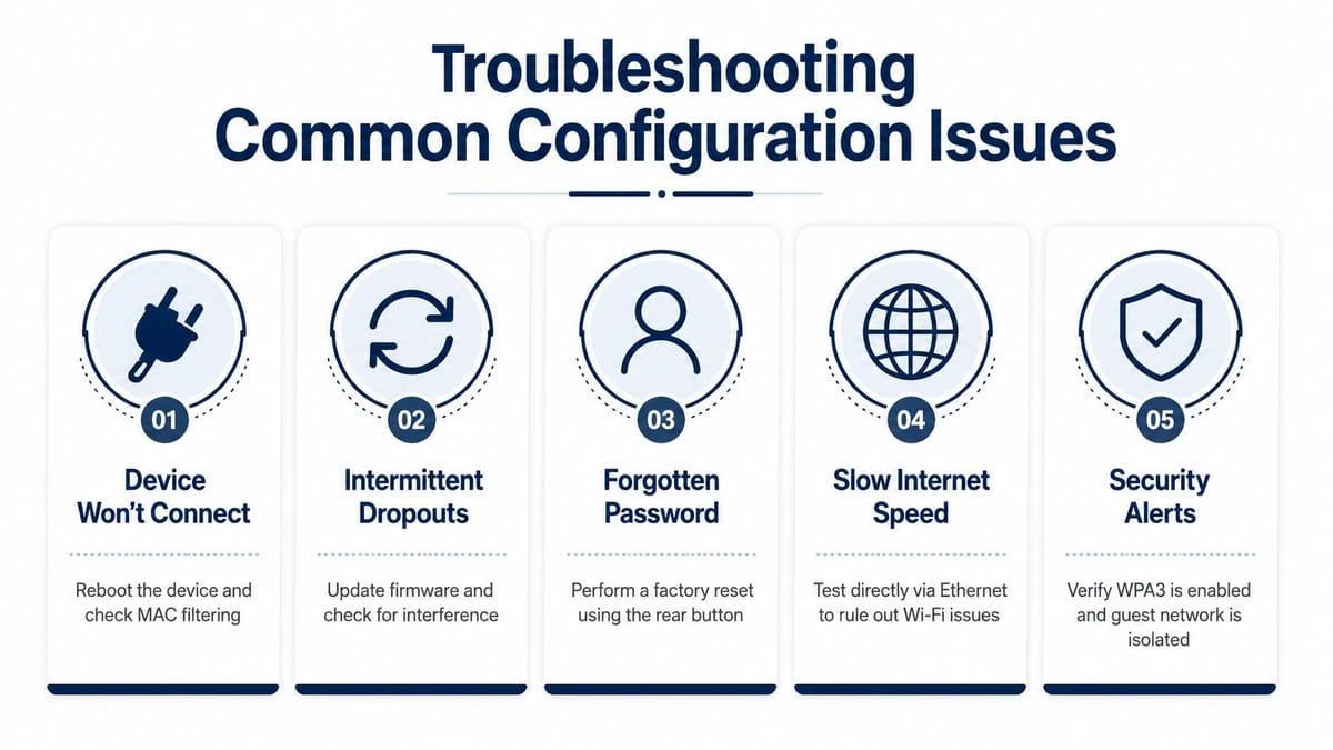 A diagram titled Troubleshooting Common Configuration Issues listing five common router problems and their respective solutions.