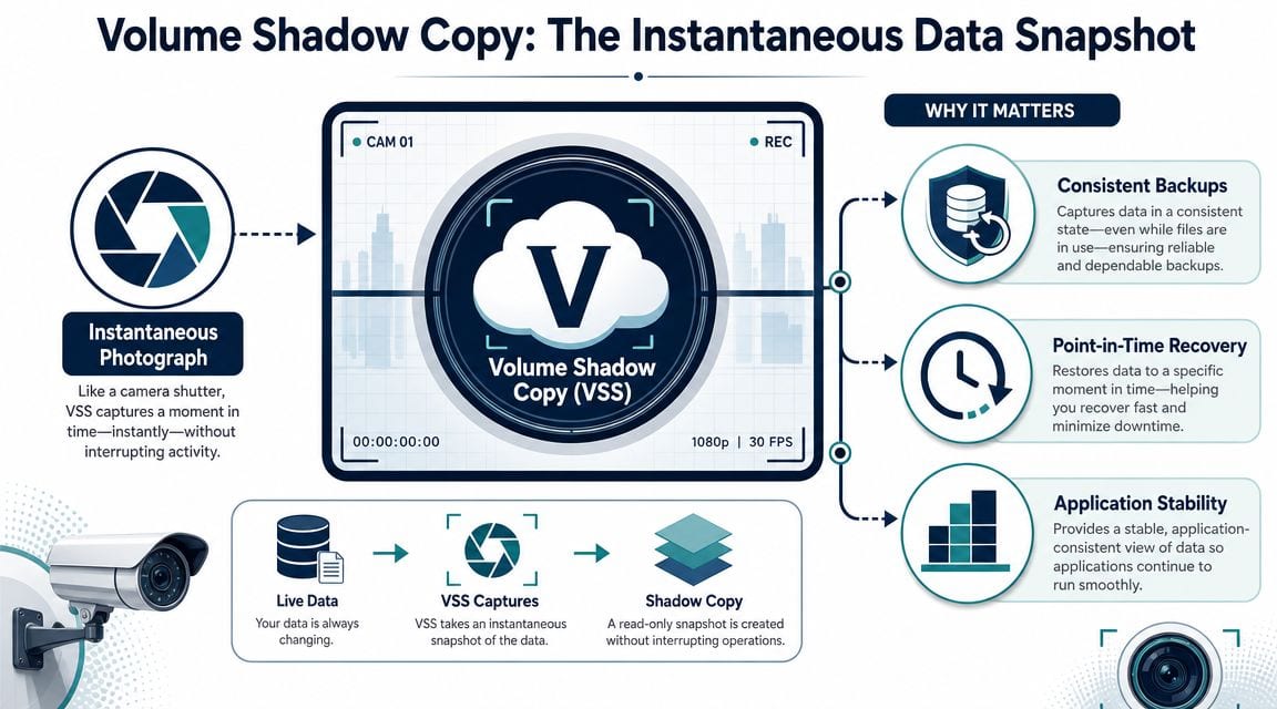 An infographic titled Volume Shadow Copy illustrating how VSS captures snapshots of data without interrupting system activity.