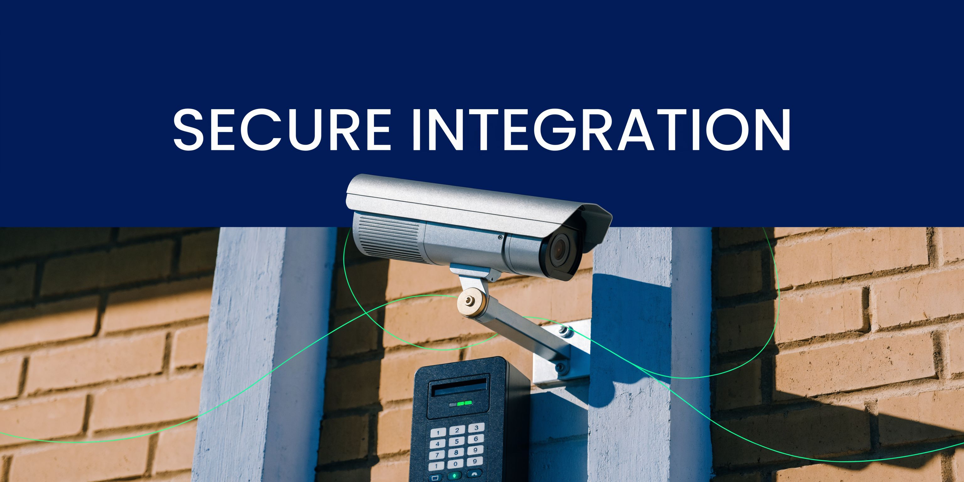 A modern security camera mounted on a brick wall above an electronic keypad access control system.