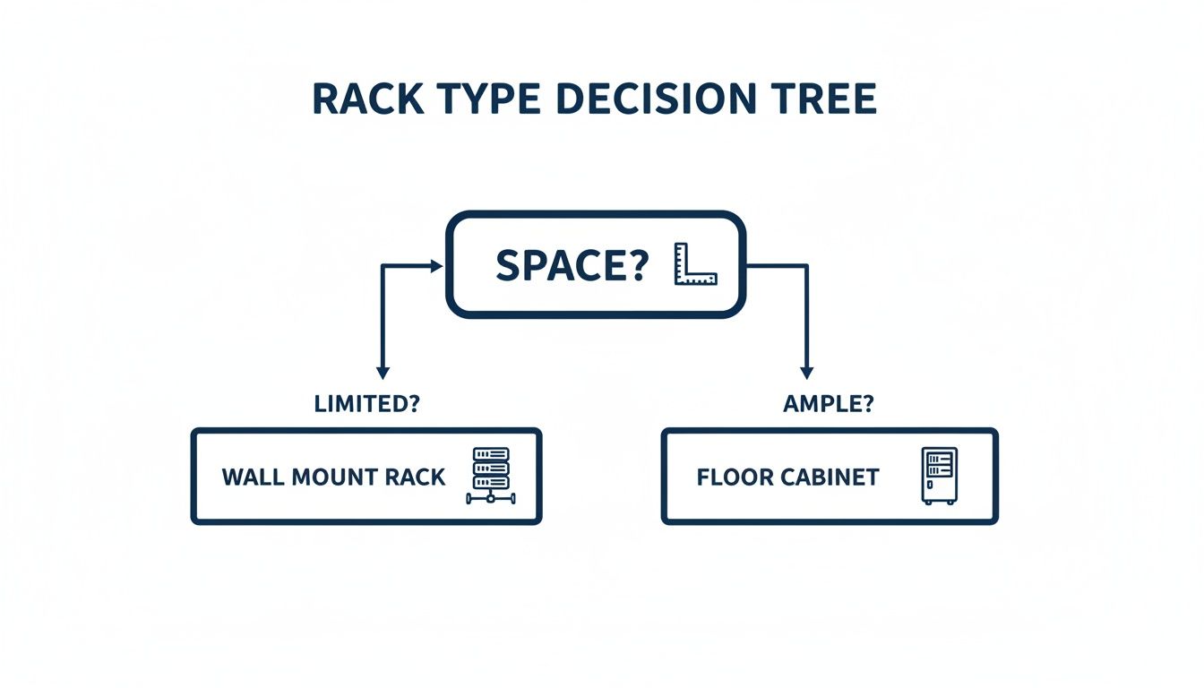 A rack type decision tree flowchart showing that limited space leads to a wall mount rack and ample space to a floor cabinet.