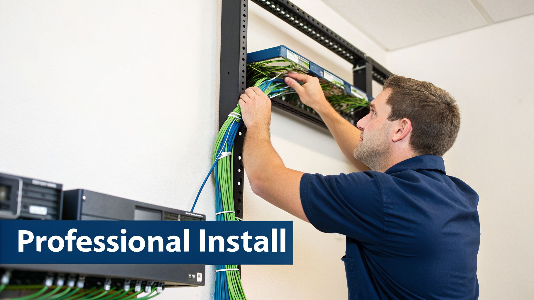 A professional technician carefully installs and organizes blue and green network cables into a wall-mounted rack.